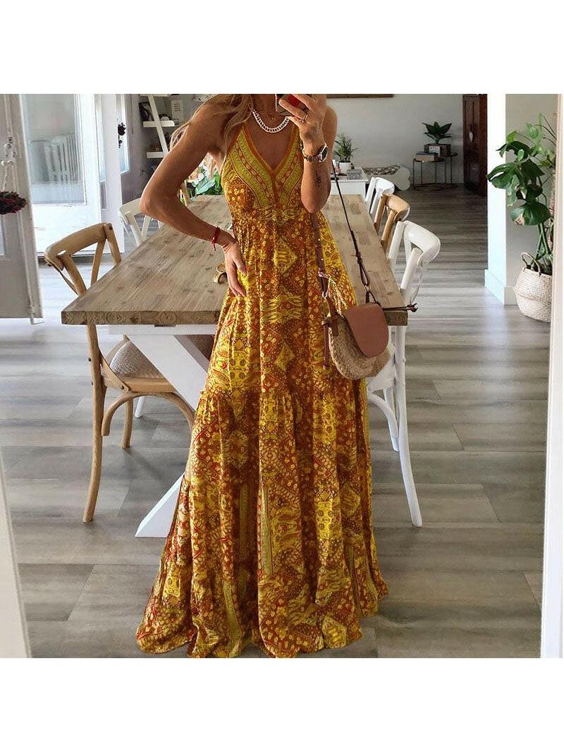 Women's sleeveless geometric maxi dress with V-neck and flared skirt