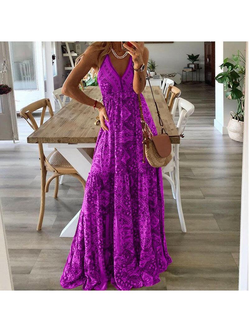 Women's sleeveless geometric maxi dress with V-neck and flared skirt