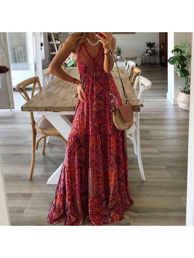 Women's sleeveless geometric maxi dress with V-neck and flared skirt