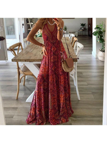 Women's sleeveless geometric maxi dress with V-neck and flared skirt