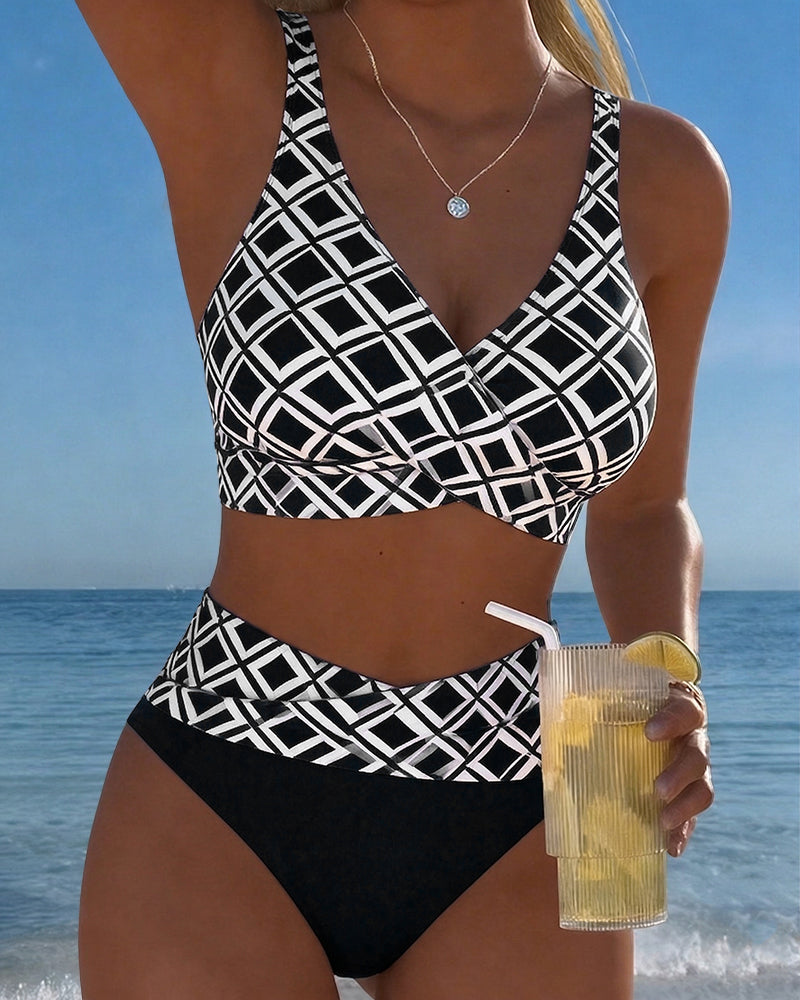 Women's geometric bikini set with V-neck top and high-waisted briefs