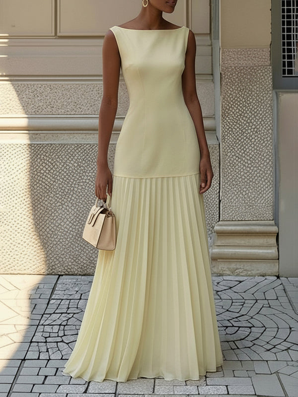 Women's sleeveless boat neck maxi dress with fitted bodice and pleated skirt