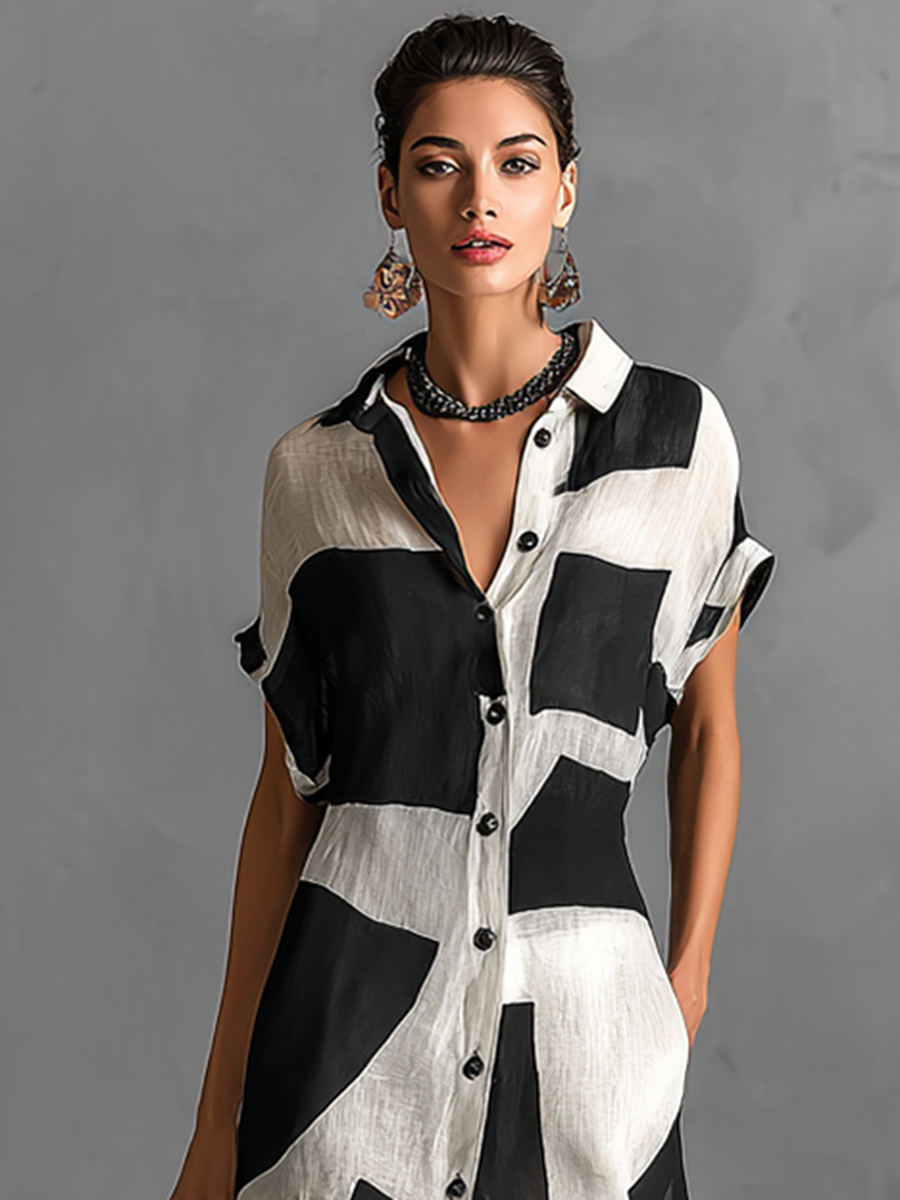 Women's black and white geometric maxi shirt dress with short sleeves and button front