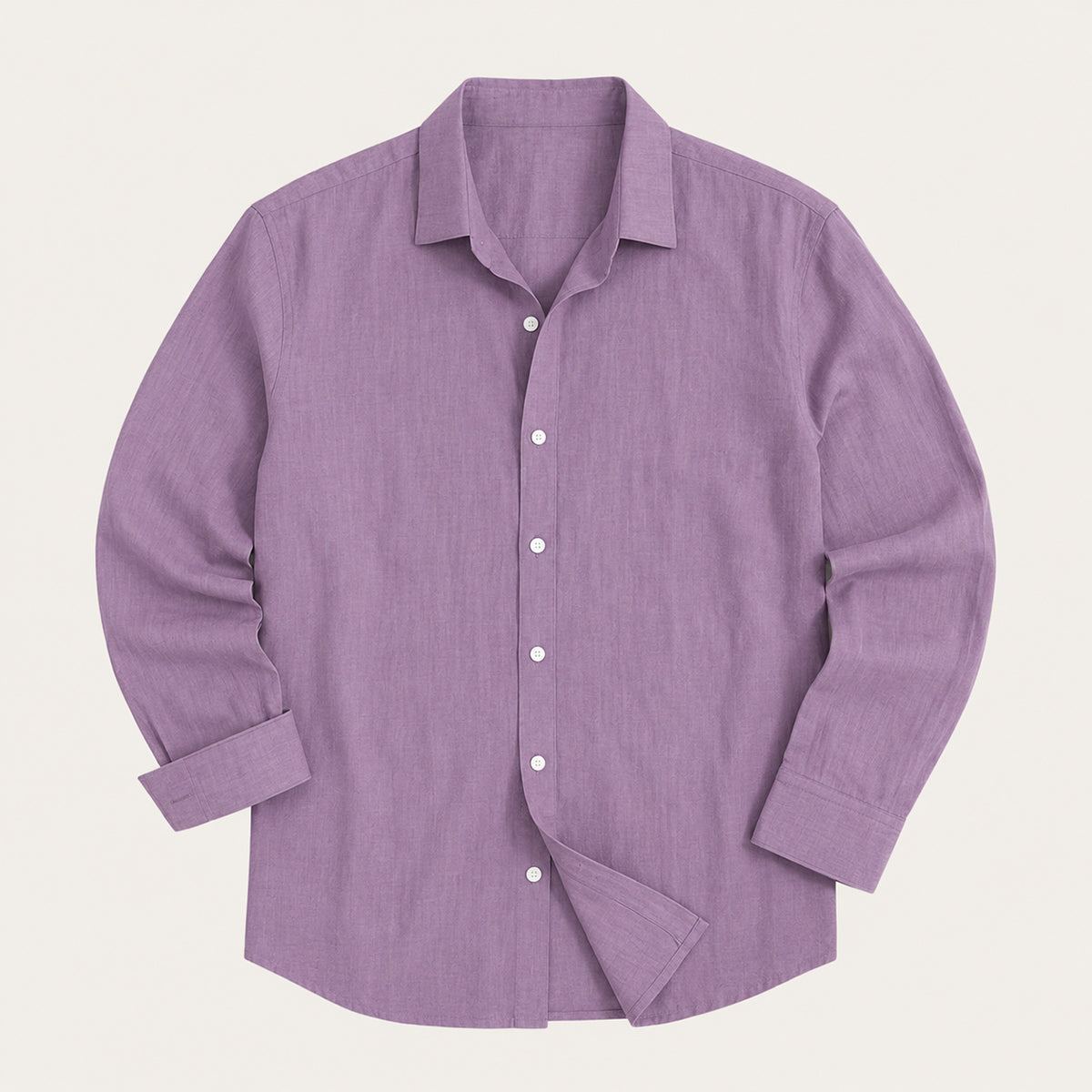 Men's long-sleeve button-down shirt with pointed collar and curved hem