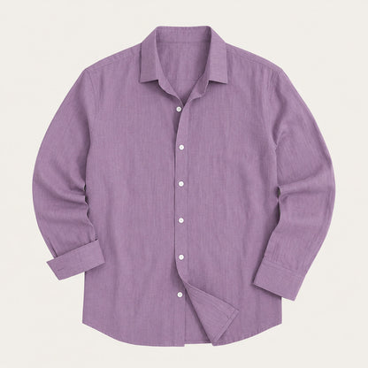 Men's long-sleeve button-down shirt with pointed collar and curved hem