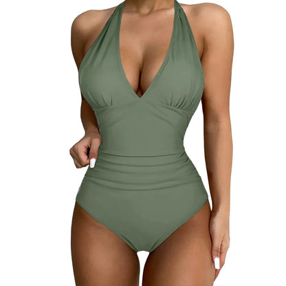 Women's ruffled V-neck one-piece swimsuit with ribbed texture