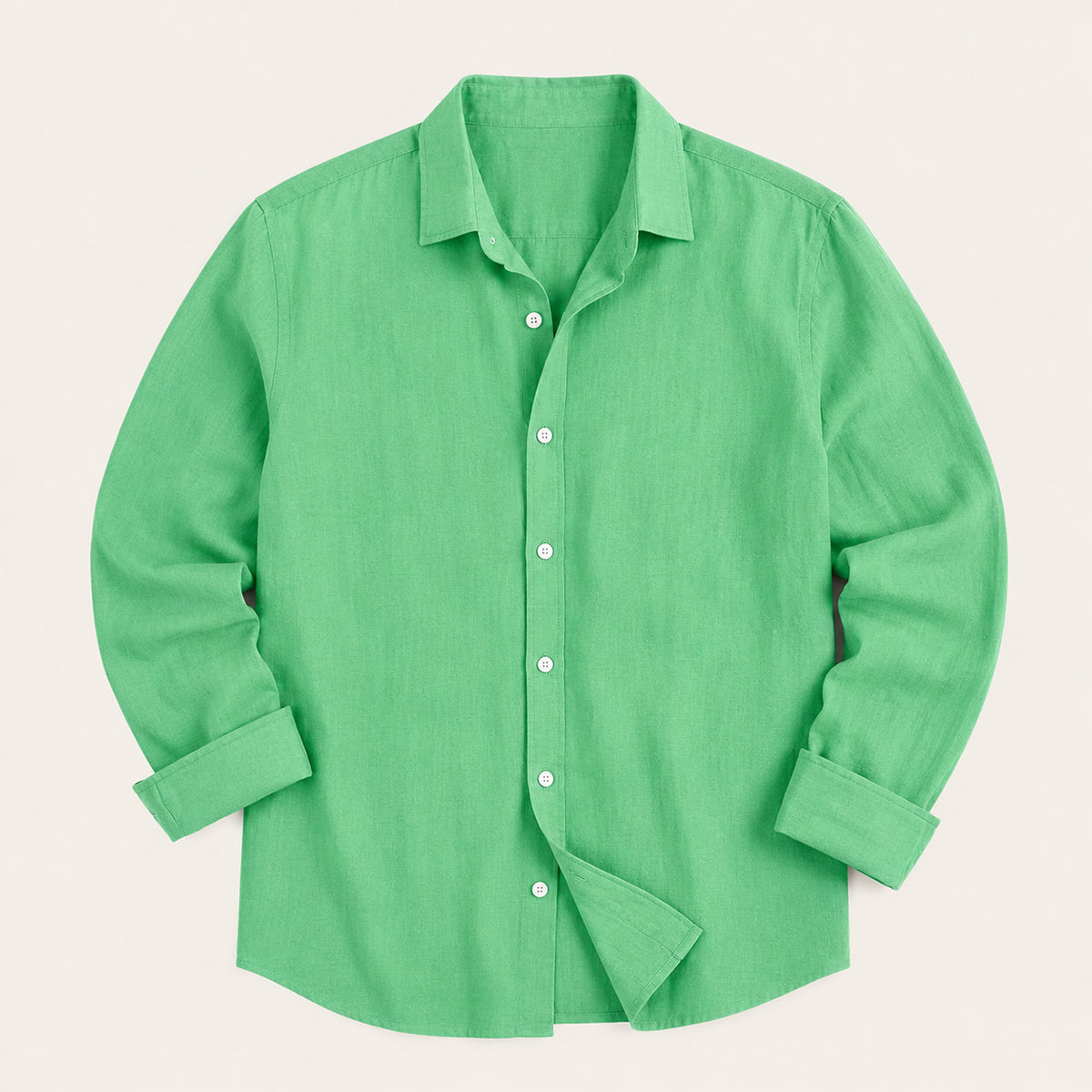 Men's long-sleeve button-down shirt with pointed collar and curved hem