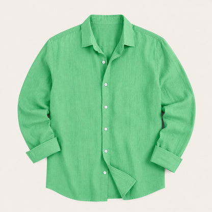 Men's long-sleeve button-down shirt with pointed collar and curved hem