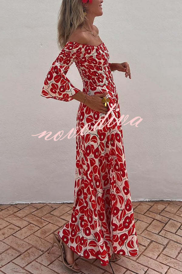 Women's red floral off-shoulder smocked maxi dress with flared sleeves