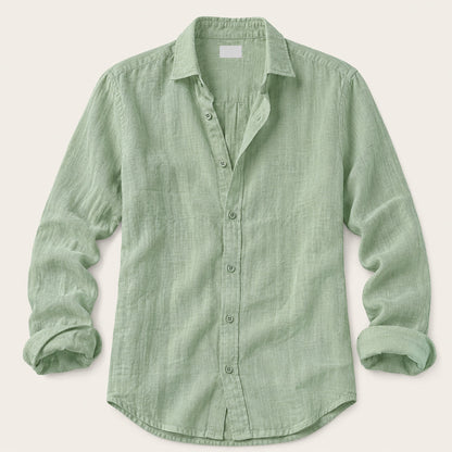 Men's plain casual shirt with open collar, button front and rolled sleeves