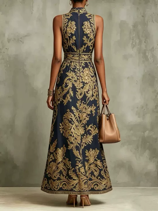 Women's sleeveless halter maxi dress with ornate baroque print and flowing skirt