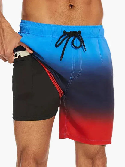 Men's tropical print swim shorts with drawstring waist and inner compression shorts