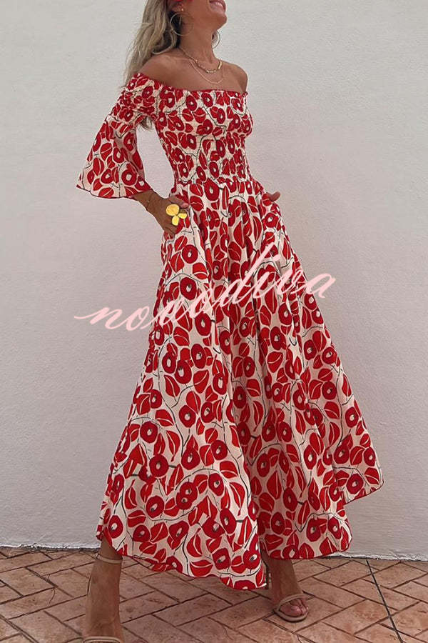 Women's red floral off-shoulder smocked maxi dress with flared sleeves