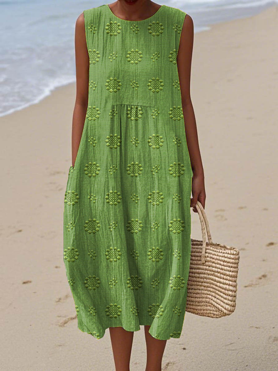 Women's sleeveless floral midi dress with round neckline and side pockets