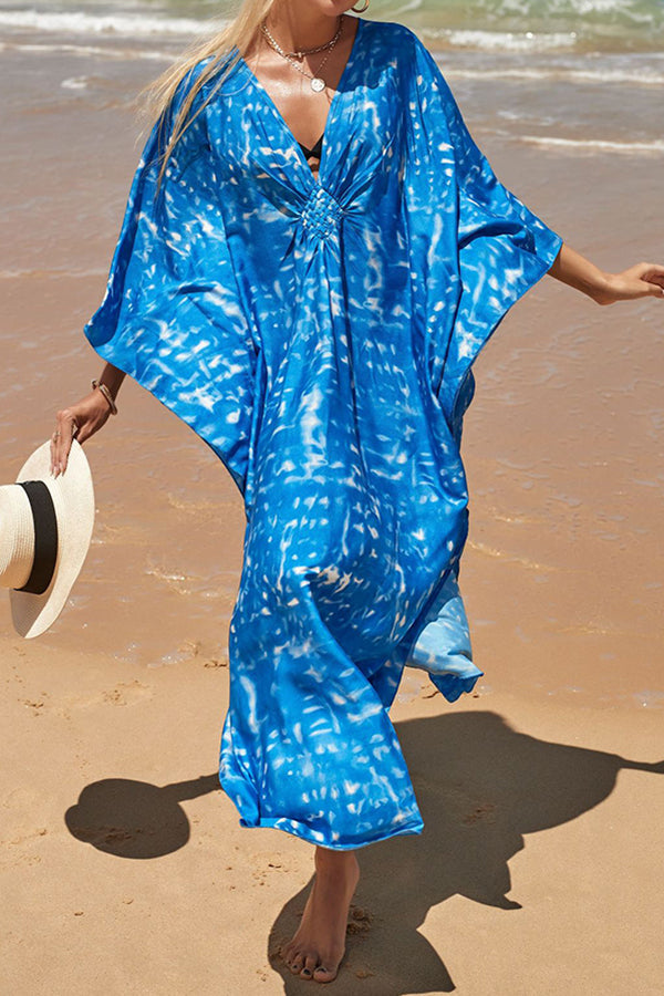 Women's printed pleated swimwear cover up with V-neck and side slits