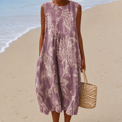 Women's sleeveless floral midi dress with round neck and gathered waist
