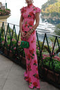 Floral cheongsam-style maxi dress with mandarin collar and layered flare sleeves