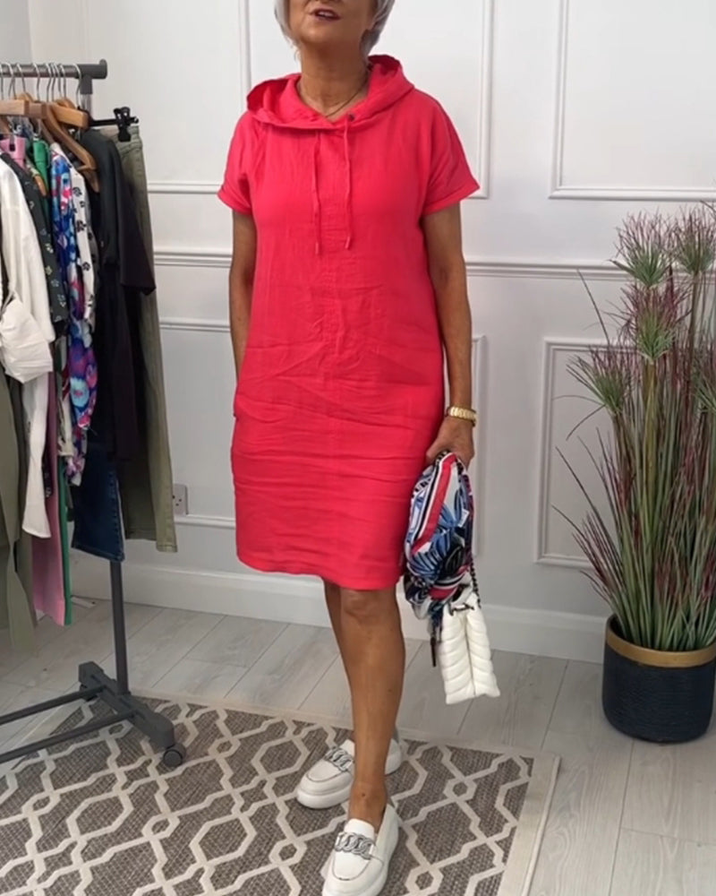Women's short-sleeved hooded casual dress with front pouch pocket