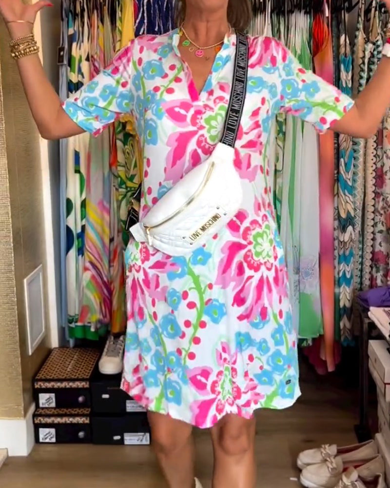 Women's multicoloured floral V-neck mini dress with short sleeves
