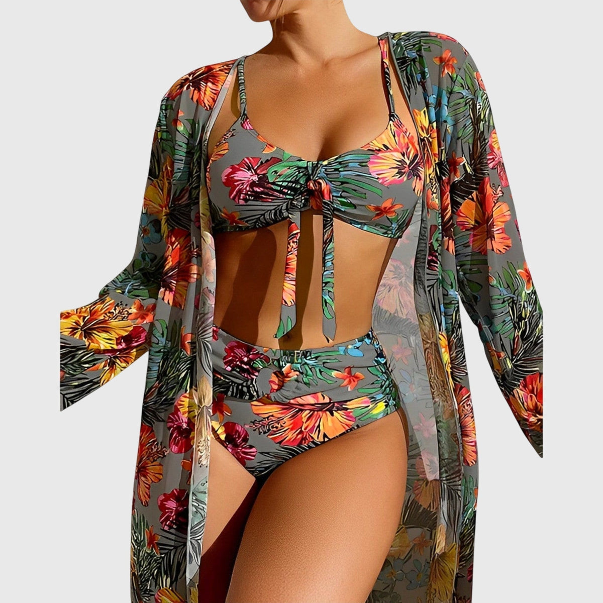 Women's floral bikini set with tie-front top, high-waisted briefs and long-sleeve cover-up