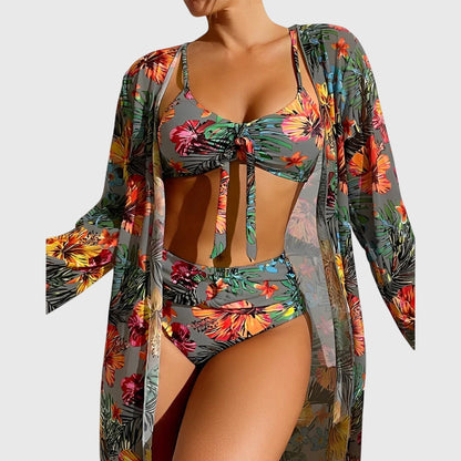 Women's floral bikini set with tie-front top, high-waisted briefs and long-sleeve cover-up