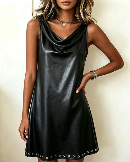 Women's black sleeveless mini dress with draped cowl neckline and grommet hem