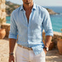 Men's long sleeve button-front shirt with point collar and rolled cuffs