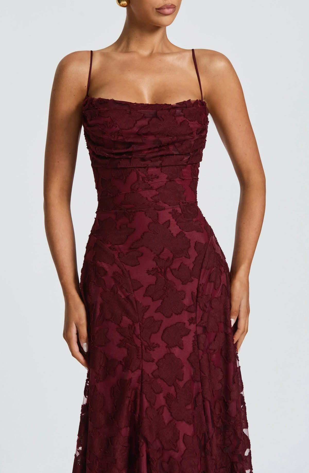Women's floral textured maxi dress with square neckline and spaghetti straps