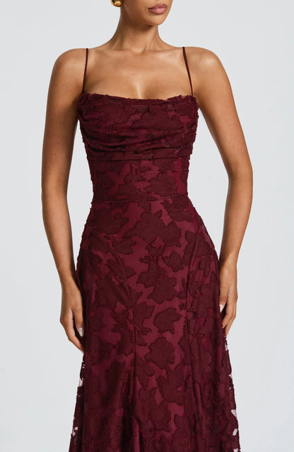 Women's floral textured maxi dress with square neckline and spaghetti straps