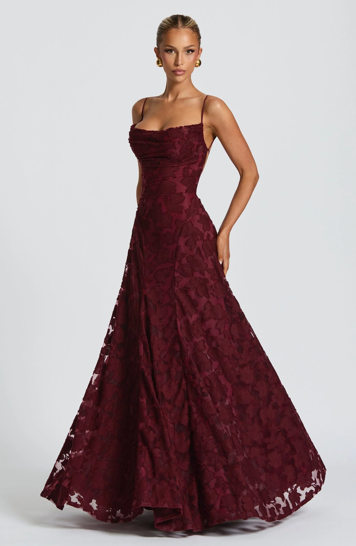 Women's floral textured maxi dress with square neckline and spaghetti straps