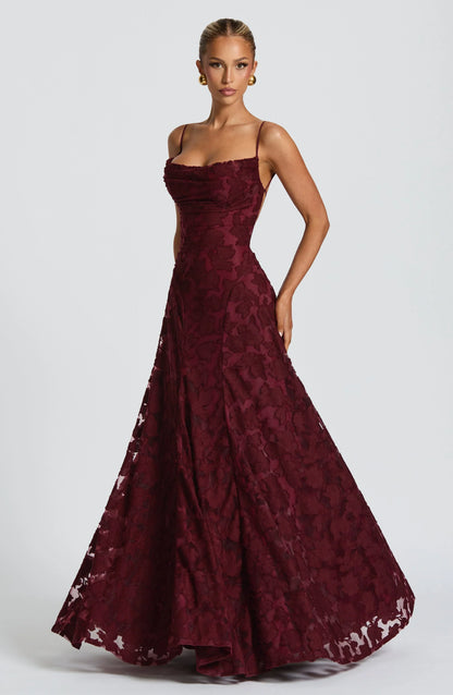 Women's floral textured maxi dress with square neckline and spaghetti straps