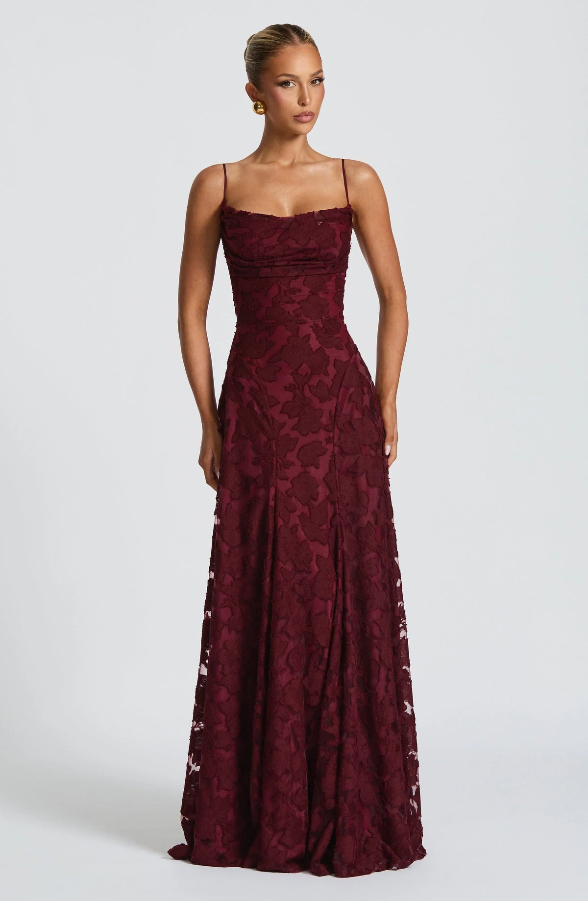 Women's floral textured maxi dress with square neckline and spaghetti straps