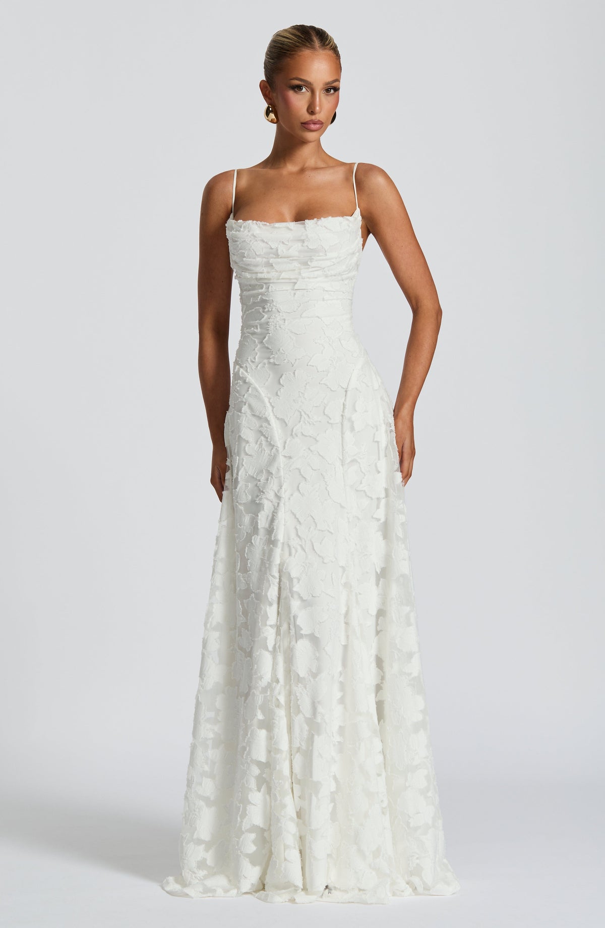 Women's floral textured maxi dress with square neckline and spaghetti straps