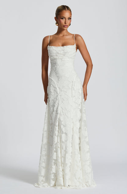 Women's floral textured maxi dress with square neckline and spaghetti straps