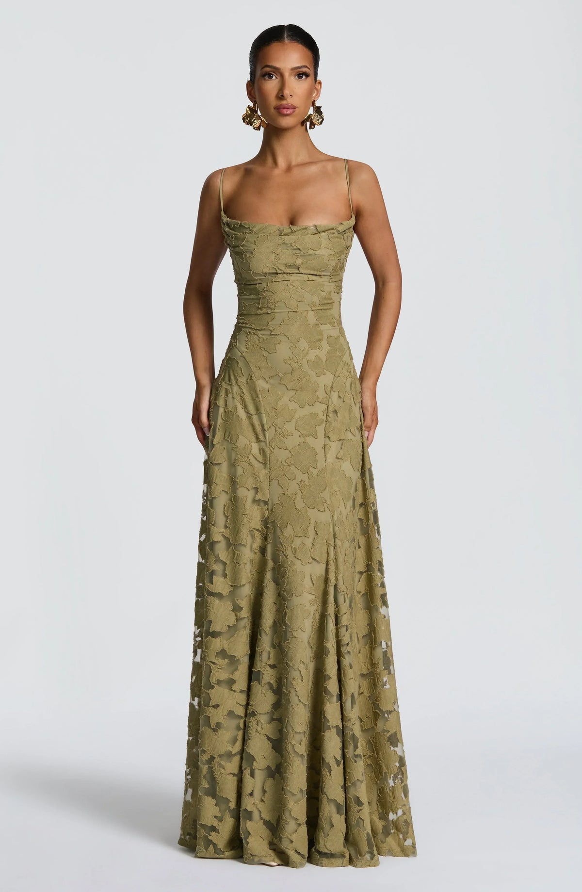Women's floral textured maxi dress with square neckline and spaghetti straps