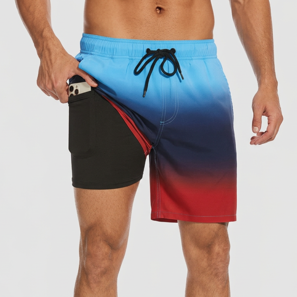 Men's patterned swim shorts with drawstring waist and inner liner