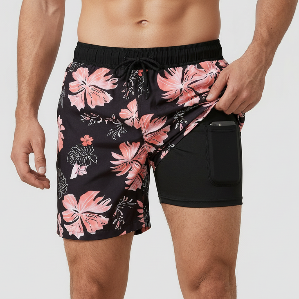 Men's patterned swim shorts with drawstring waist and inner liner