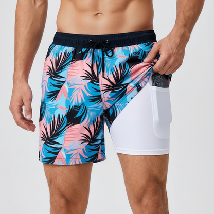 Men's patterned swim shorts with drawstring waist and inner liner