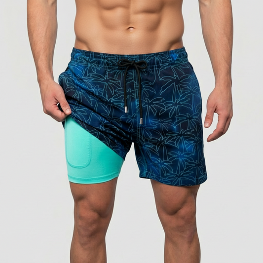 Men's patterned swim shorts with drawstring waist and inner liner