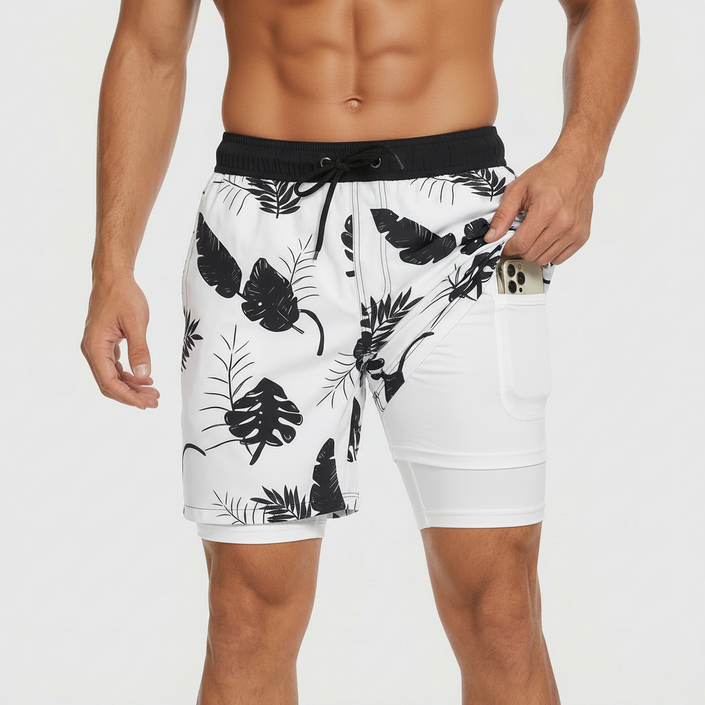 Men's patterned swim shorts with drawstring waist and inner liner