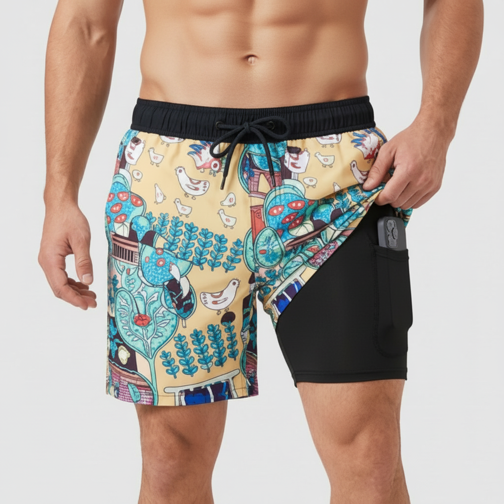 Men's patterned swim shorts with drawstring waist and inner liner