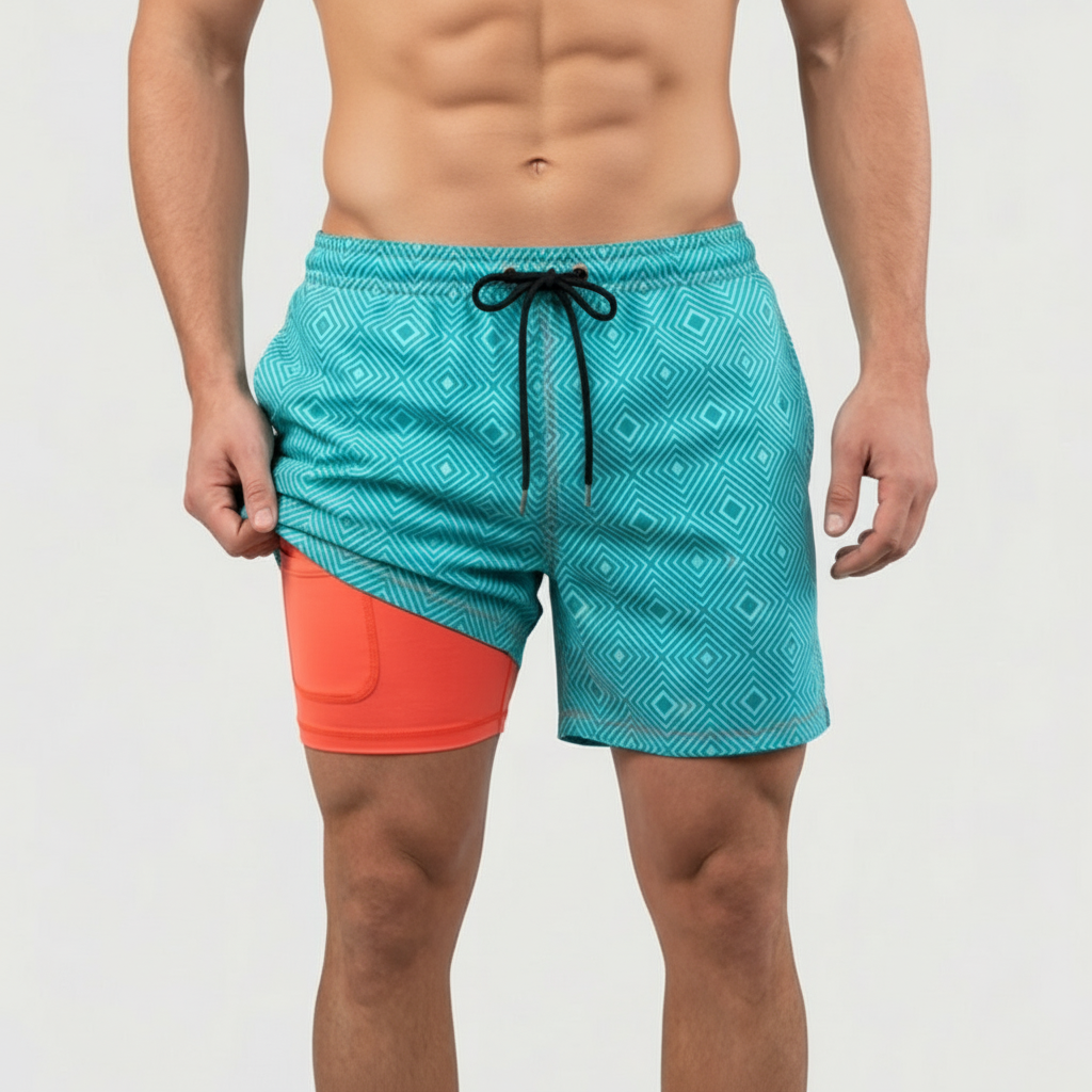 Men's patterned swim shorts with drawstring waist and inner liner