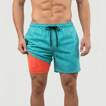 Men's patterned swim shorts with drawstring waist and inner liner