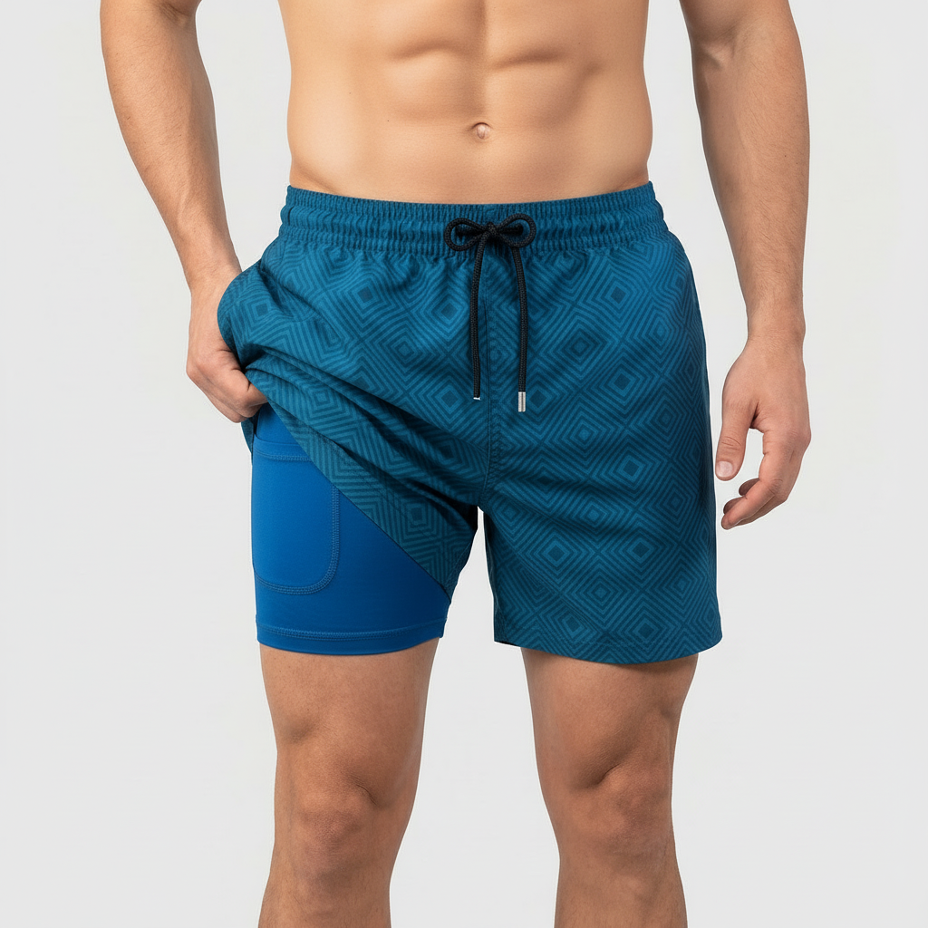 Men's patterned swim shorts with drawstring waist and inner liner