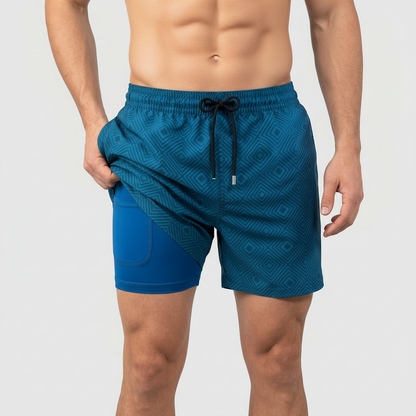 Men's patterned swim shorts with drawstring waist and inner liner