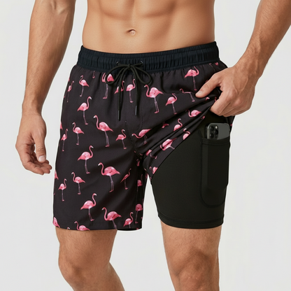 Men's patterned swim shorts with drawstring waist and inner liner