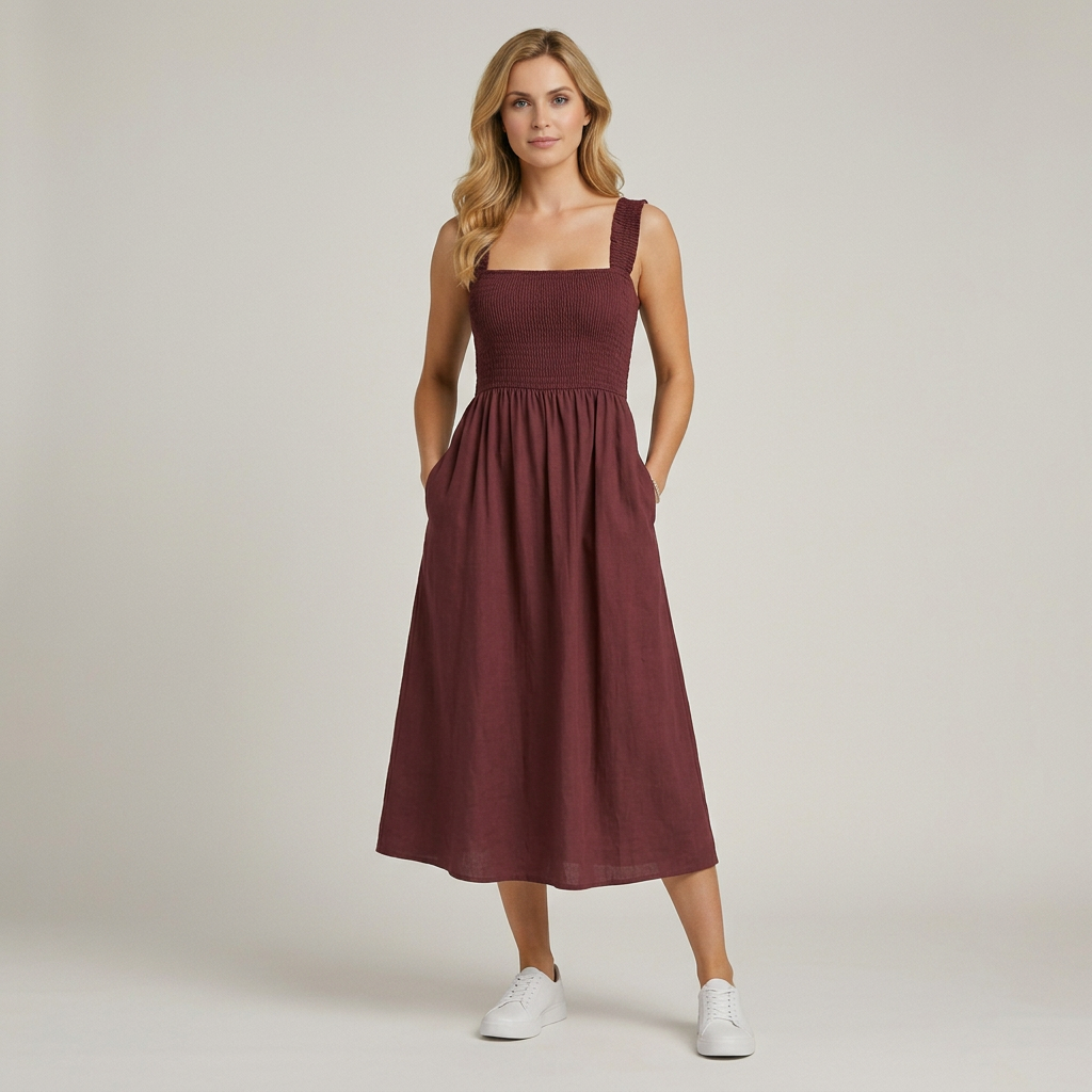 Women's sleeveless square-neck maxi dress with smocked bodice and gathered skirt