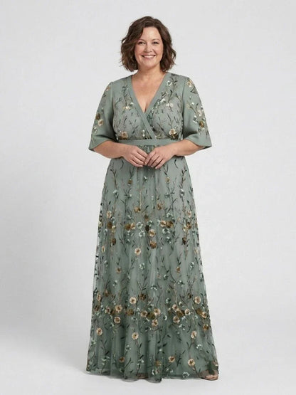 Women's green floral wrap maxi dress with V-neck and short sleeves