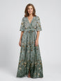 Women's green floral wrap maxi dress with V-neck and short sleeves