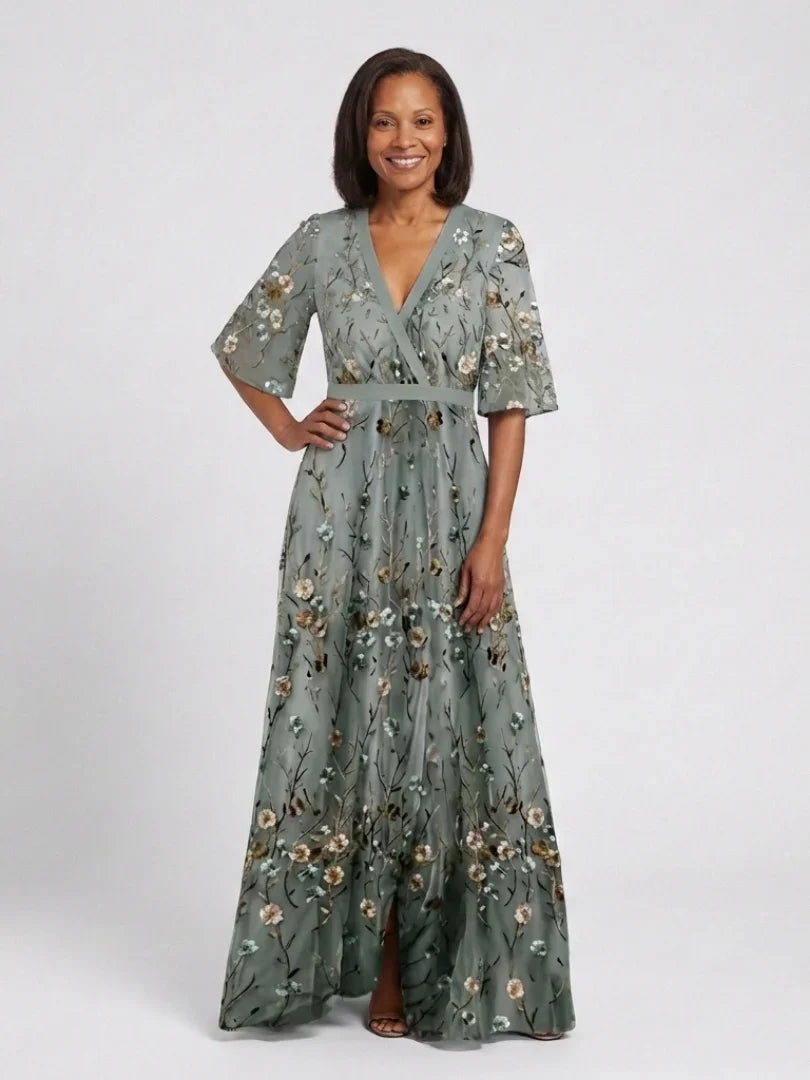 Women's green floral wrap maxi dress with V-neck and short sleeves